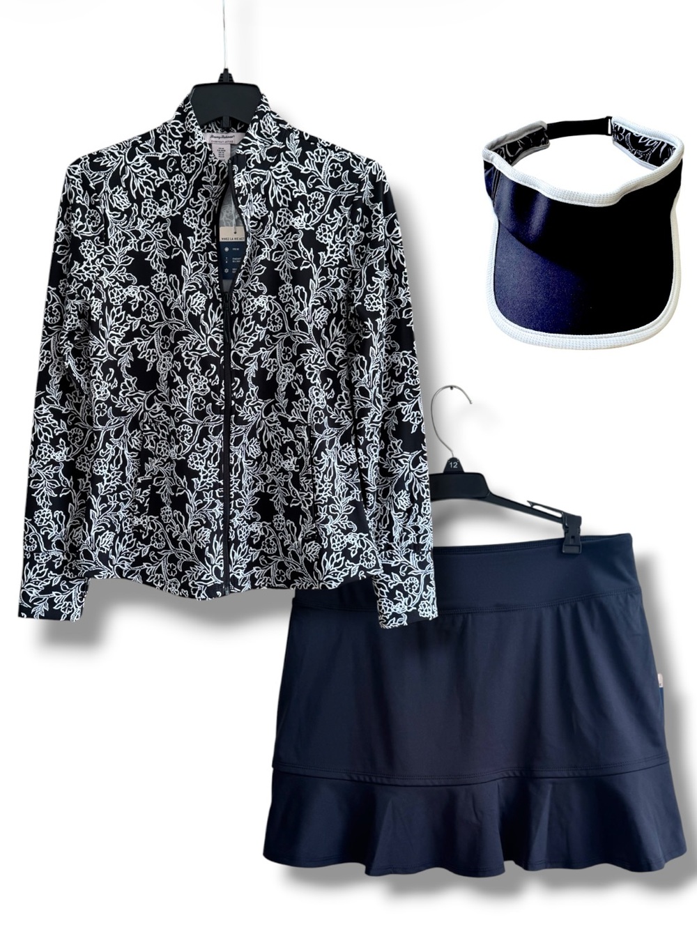 Tommy Bahama Black & White Floral Zip Jacket,  Visor and Black Ruffle Hem Skort
